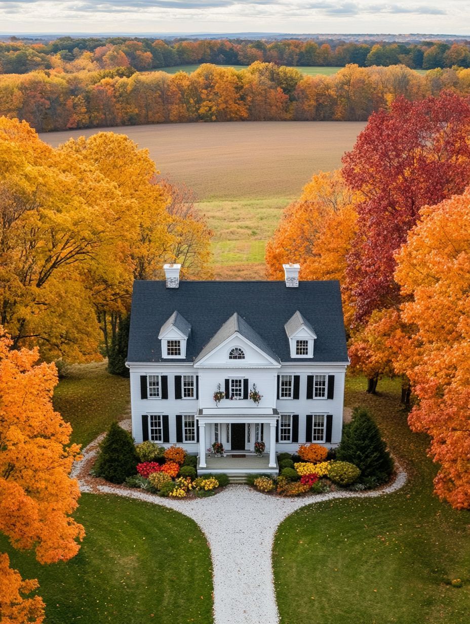 Aerial view of a white colonial-style house with black shutters, surrounded by vibrant autumn trees and a curved gravel driveway, set near an open field.