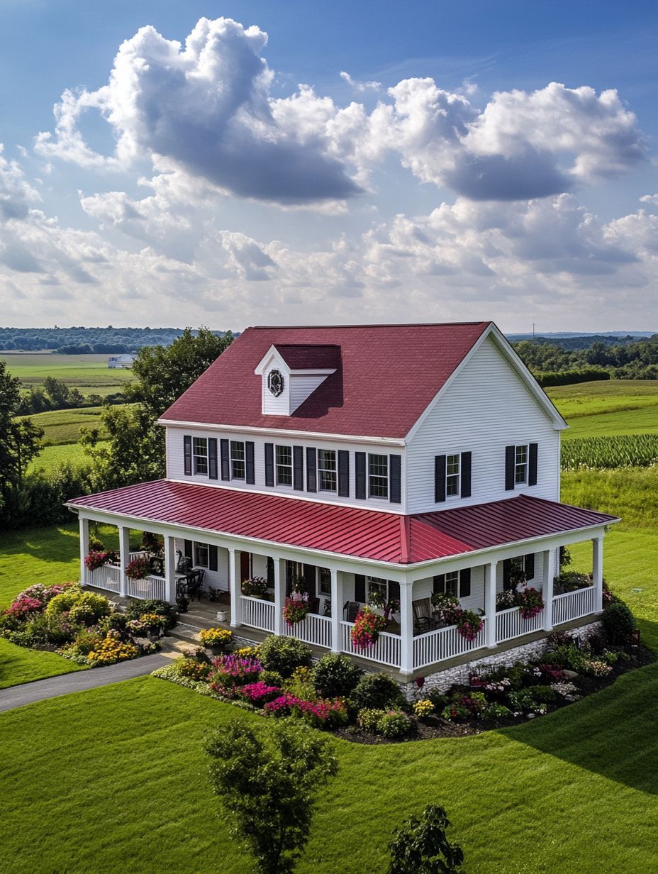 A white two-story house with a red roof and wraparound porch, surrounded by green lawns, colorful flowers, and open farmland under a partly cloudy sky.
