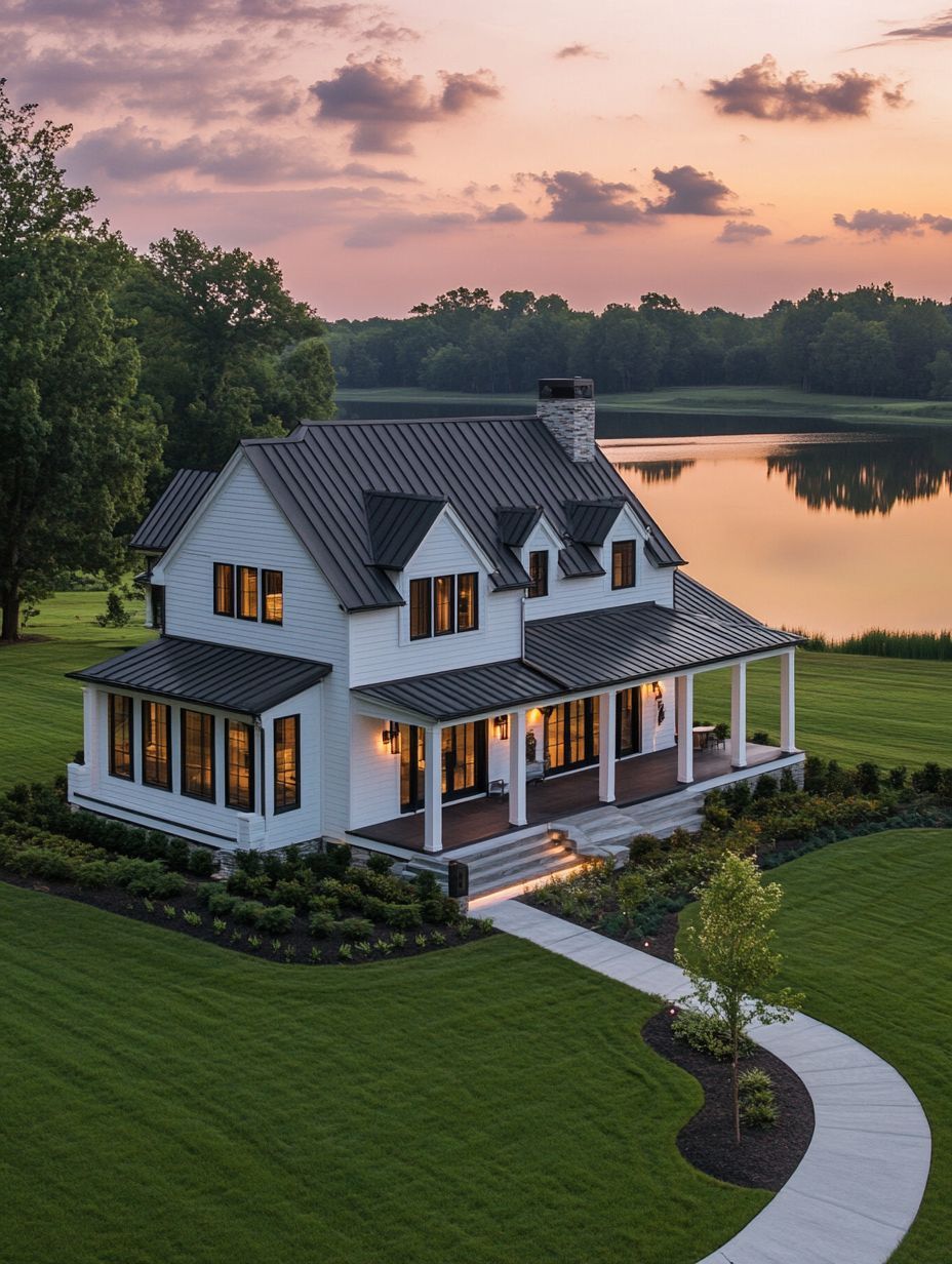 Two-story white house with a wraparound porch sits on a manicured lawn by a lake at sunset, surrounded by trees and landscaped bushes.