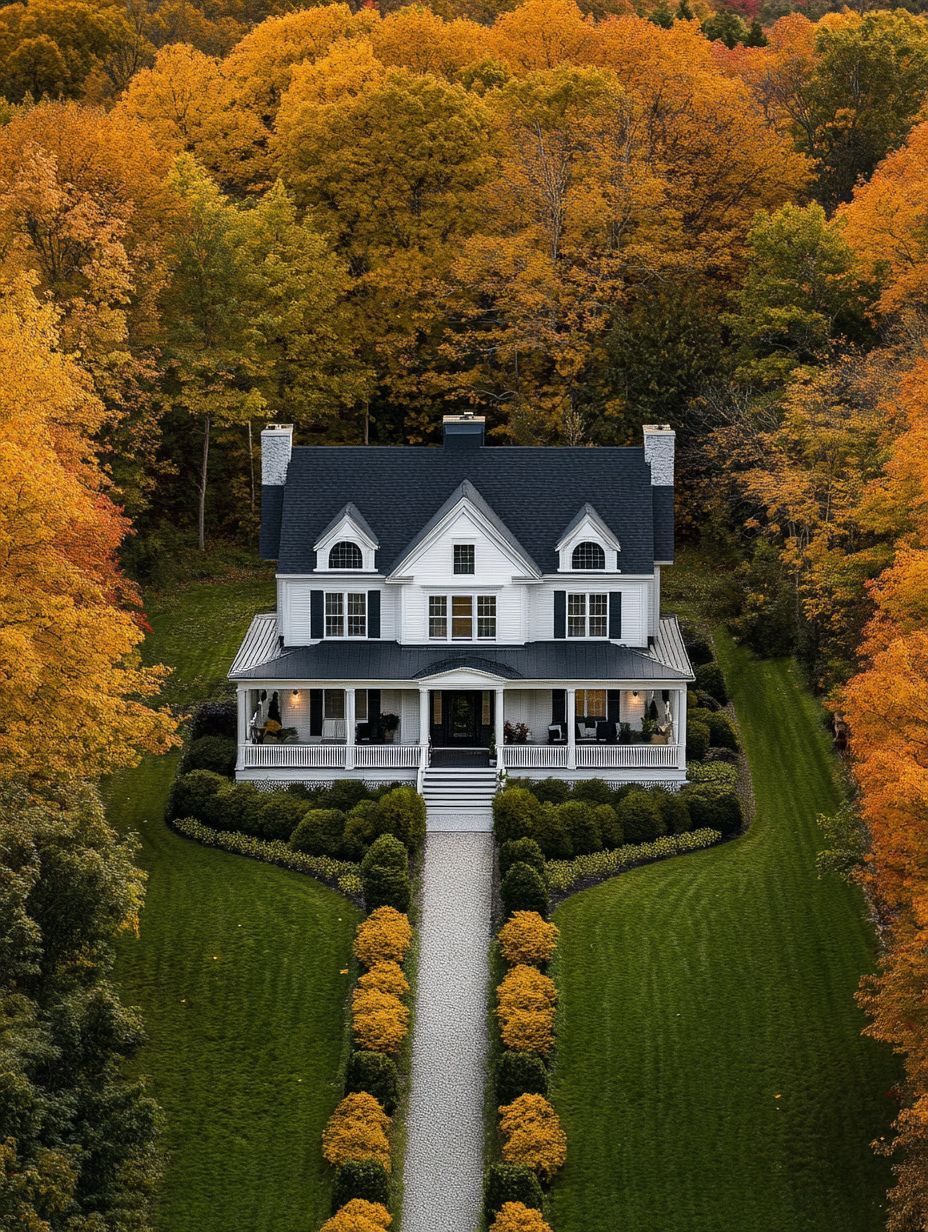 A white two-story house with a wraparound porch sits amid manicured lawns and autumn trees with orange and yellow foliage.