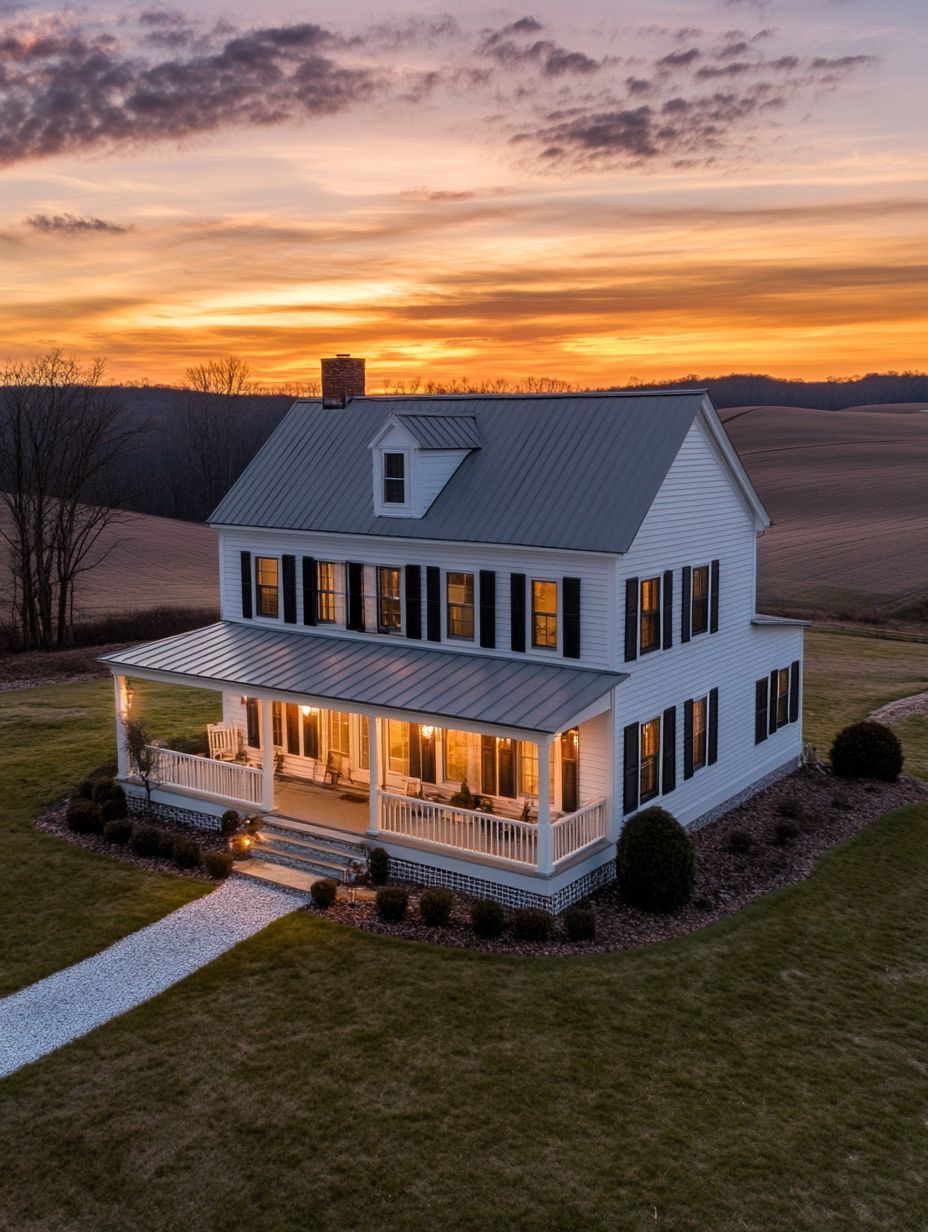 Two-story white house with a large front porch, illuminated lights, and black shutters, set on a grassy lot with fields in the background at sunset.