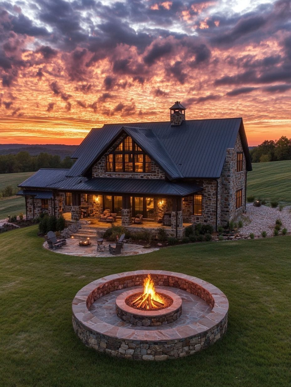 Stone house with large windows sits on a grassy lawn at sunset, with a lit circular fire pit in the foreground and dramatic clouds in the sky.