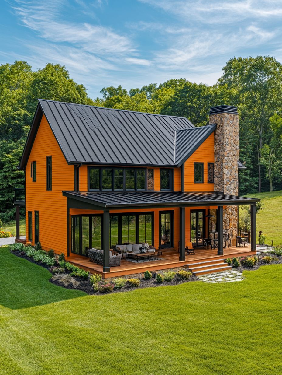 A modern two-story orange house with black trim, large windows, a stone chimney, and a covered porch sits on a green lawn surrounded by trees.