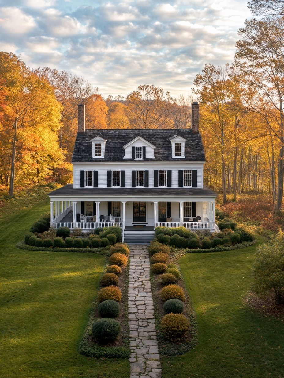 A white, two-story house with a wraparound porch is surrounded by neatly trimmed bushes and autumn trees under a partly cloudy sky.