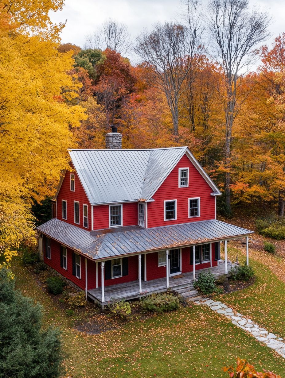 A red two-story house with a metal roof and wraparound porch sits among colorful autumn trees with fallen leaves on the ground.