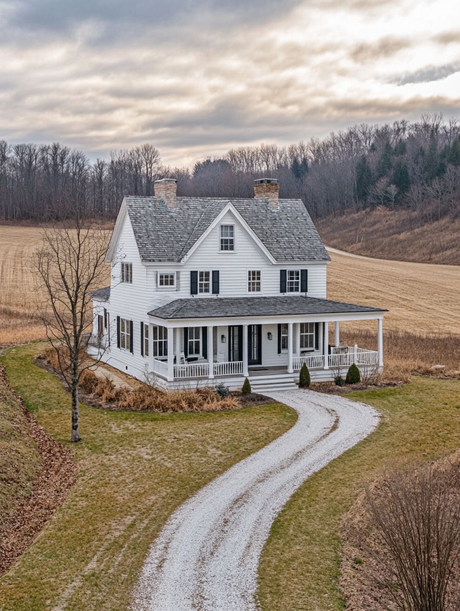 A two-story white farmhouse with a wraparound porch sits at the end of a curved gravel driveway, surrounded by fields and bare trees under a cloudy sky.