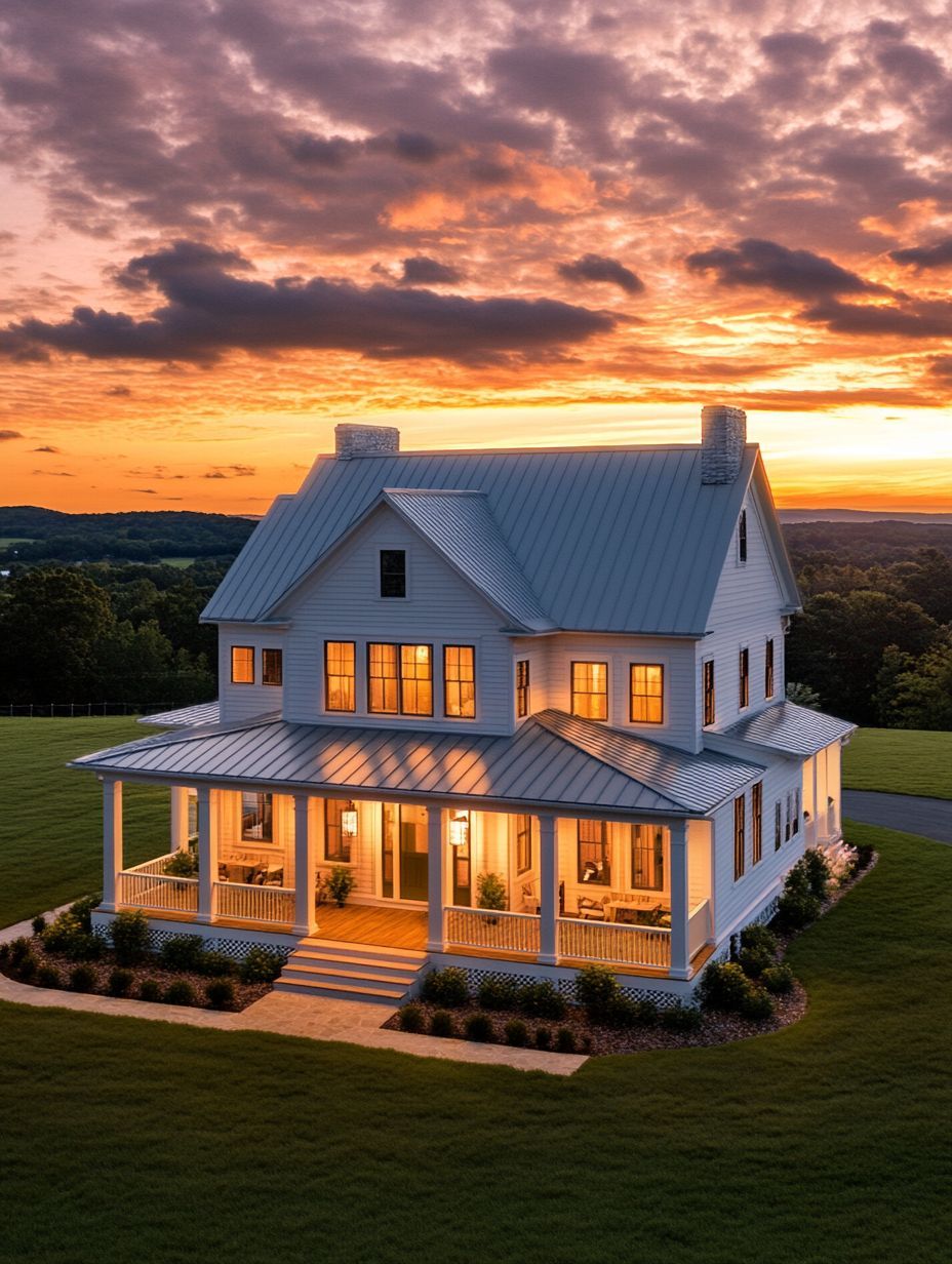 A white two-story house with a wraparound porch is lit from within at sunset, surrounded by a green lawn and distant rolling hills under a dramatic sky.