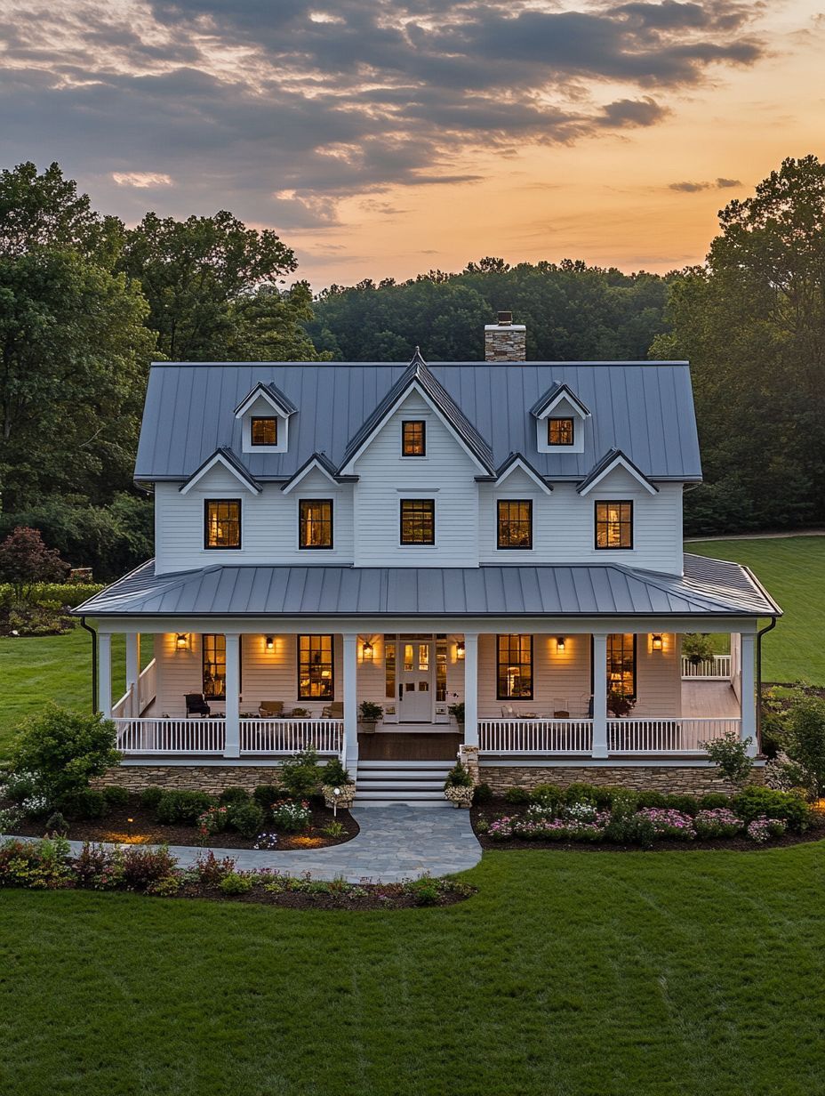 Three-story white farmhouse with a gray metal roof, dormer windows, large front porch, and surrounding lawn, photographed at sunset with lights on inside.