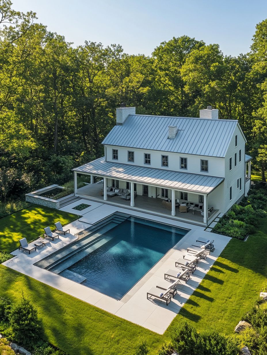 Aerial view of a two-story white house with a metal roof, covered patio, outdoor furniture, and a rectangular swimming pool surrounded by green lawn and trees.