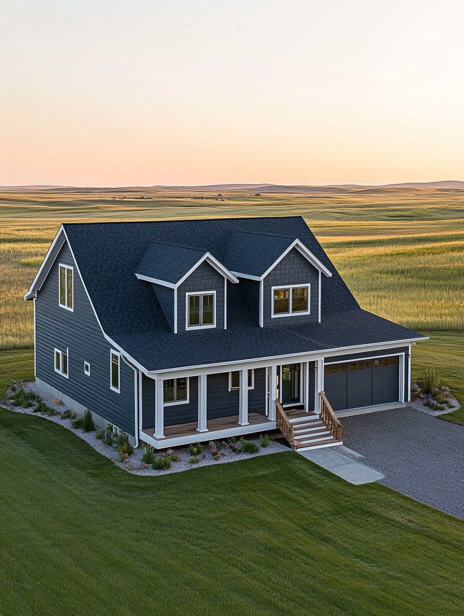Two-story gray house with white trim, front porch, and attached garage, situated on a large green lawn with open fields in the background at sunset.
