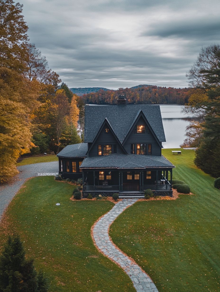 A dark-colored two-story house with a porch sits on a green lawn near a lake, surrounded by autumn trees under a cloudy sky.