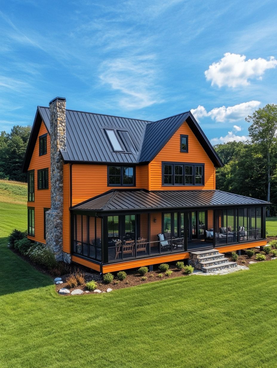 Two-story orange house with black metal roof, large stone chimney, and screened-in porch, surrounded by a well-kept lawn and trees under a blue sky.