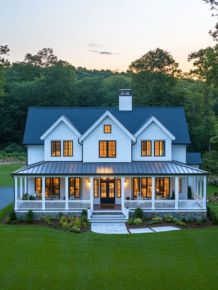 A two-story white house with a dark roof, large windows, and a wraparound porch sits on a manicured lawn, surrounded by trees at sunset.