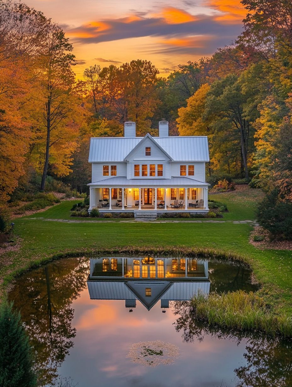A white two-story house with a porch is reflected in a small pond, surrounded by autumn trees under a vibrant sunset sky.