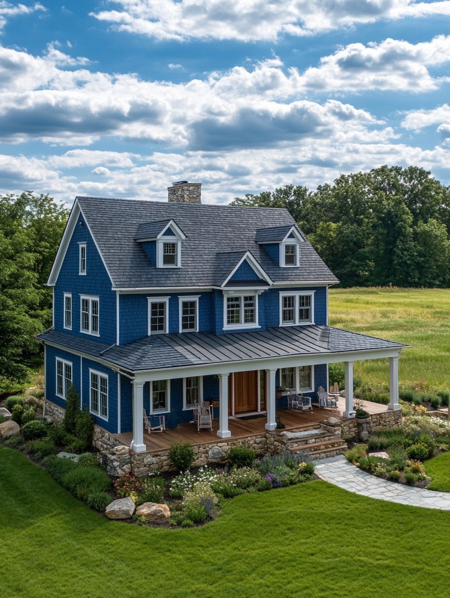 A two-story blue house with white trim, a covered front porch, and neatly landscaped yard, set against a backdrop of trees and an open field under a partly cloudy sky.