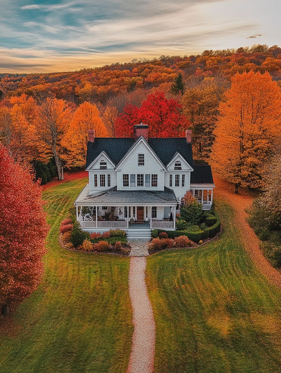 A white two-story house with a porch sits on a large grassy lawn, surrounded by vibrant autumn trees under a partly cloudy sky.