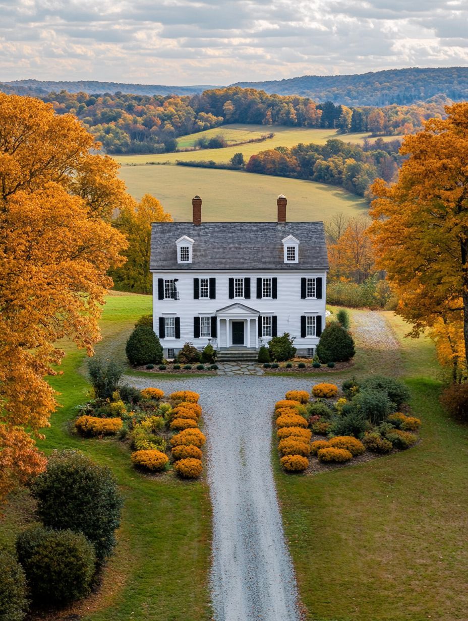 A white two-story house with black shutters sits at the end of a gravel driveway, surrounded by autumn trees and landscaped flower beds, overlooking rolling hills.