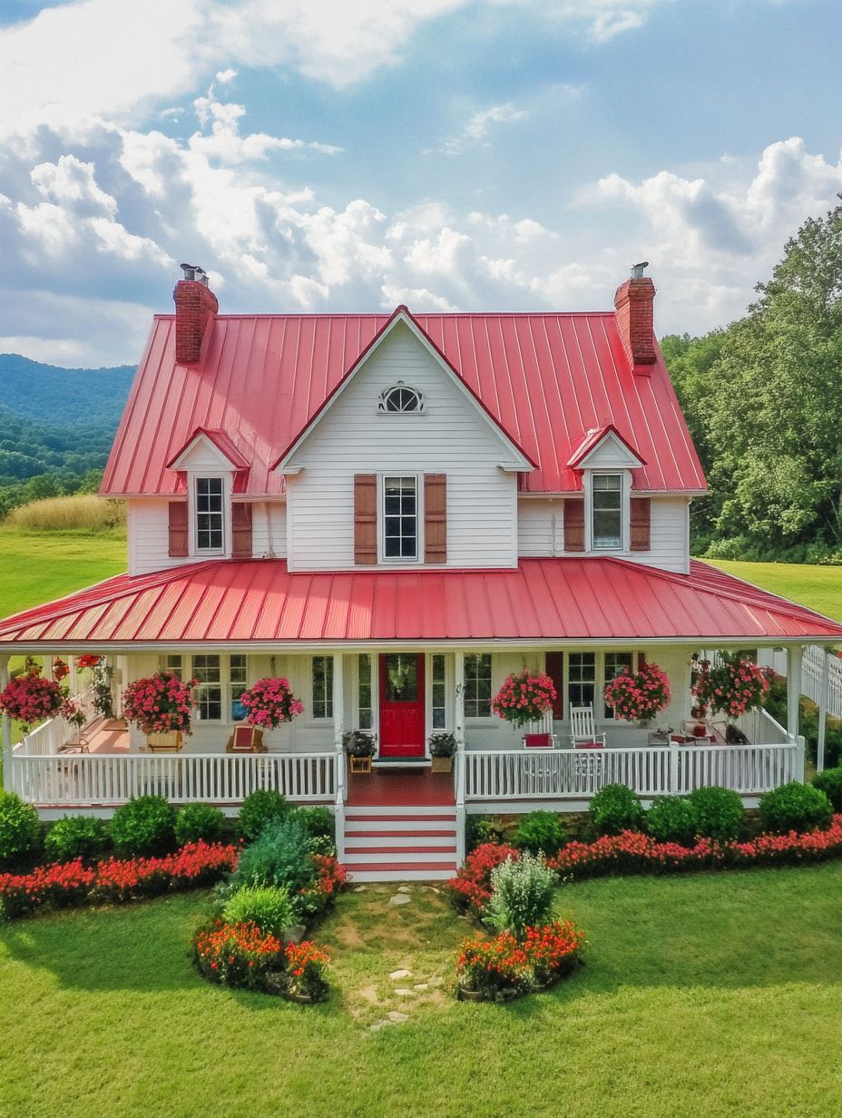 A white two-story house with a red metal roof, wraparound porch, red shutters, flowers along the porch and walkway, and a well-kept lawn, set in a rural landscape.