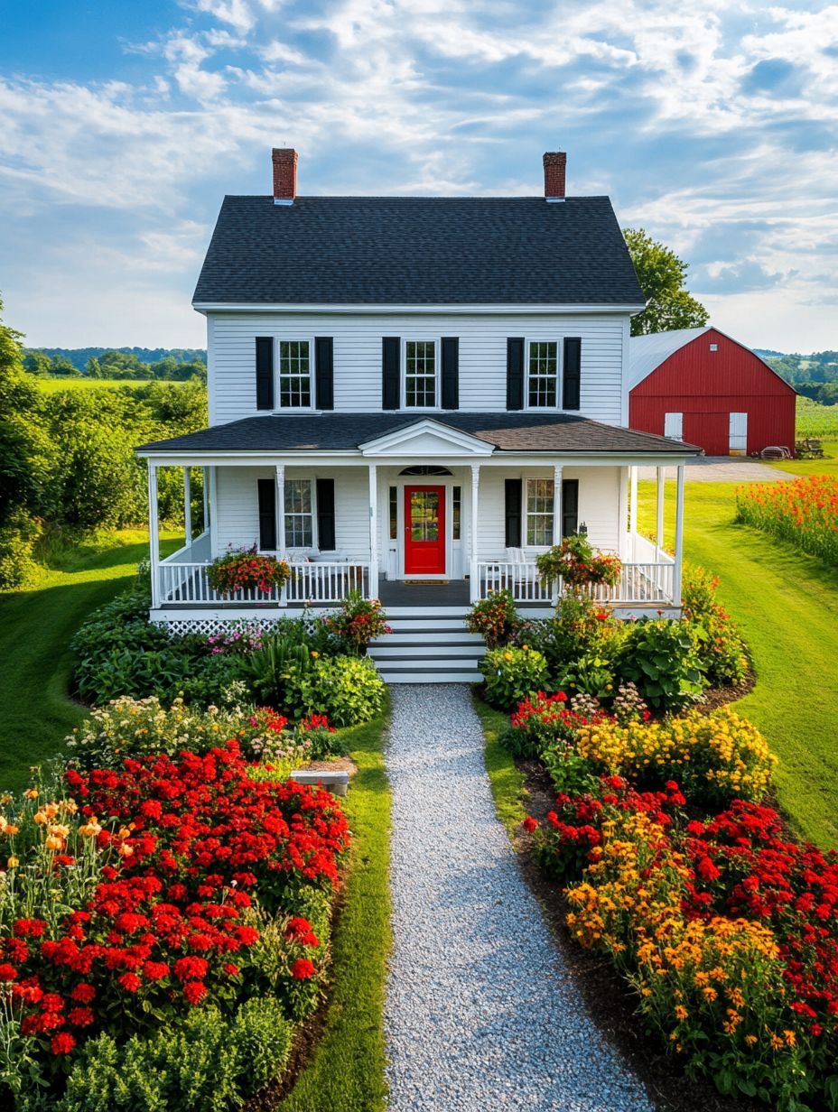 A white two-story house with a red front door and black shutters, surrounded by a colorful flower garden and a gravel path, with a red barn in the background.