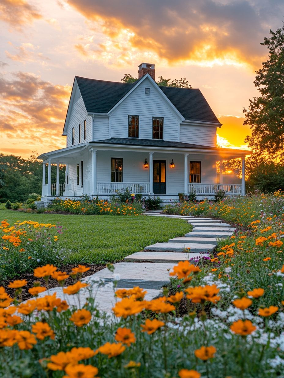 A white two-story house with a wraparound porch, surrounded by blooming orange flowers, at sunset with a stone path leading to the front door.