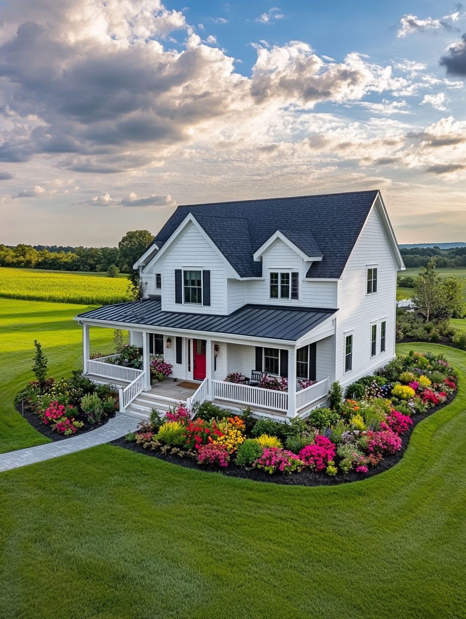 A white two-story house with a wraparound porch is surrounded by a well-kept lawn and vibrant flower beds under a partly cloudy sky.