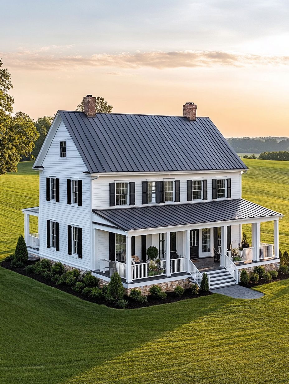 Two-story white house with a black metal roof, wraparound porch, and brick chimneys, surrounded by green lawn and landscaping, set in a rural area at sunset.