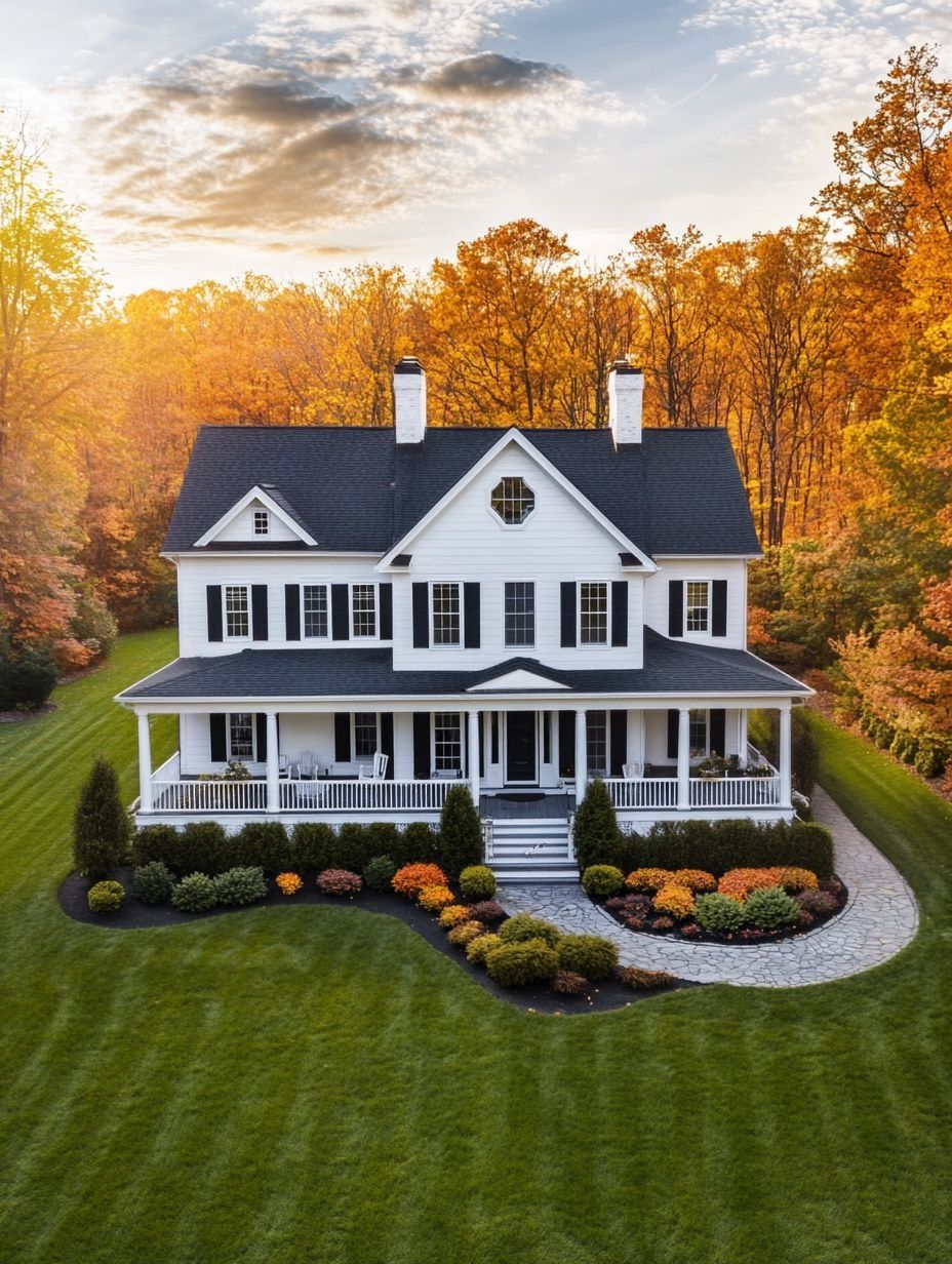 White two-story house with black shutters and a wraparound porch, surrounded by a manicured lawn and autumn trees in the background.