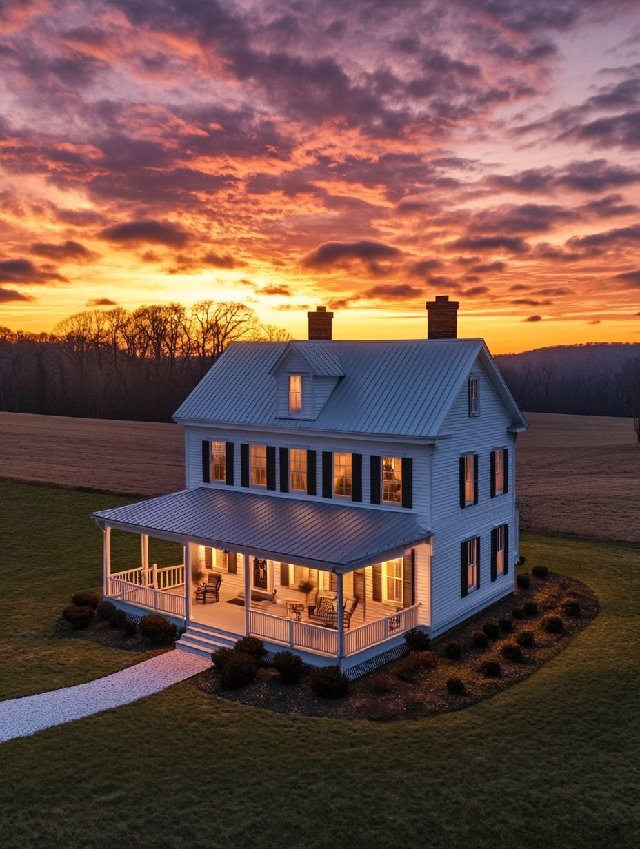 A two-story farmhouse with lit windows and a wraparound porch sits on a lawn at sunset, with dramatic clouds and fields in the background.