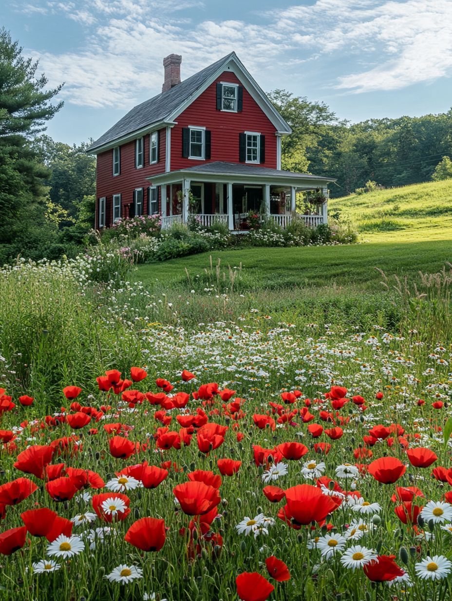 A red two-story house with a porch sits on a grassy hill, surrounded by trees and a field of red poppies and white daisies under a partly cloudy sky.