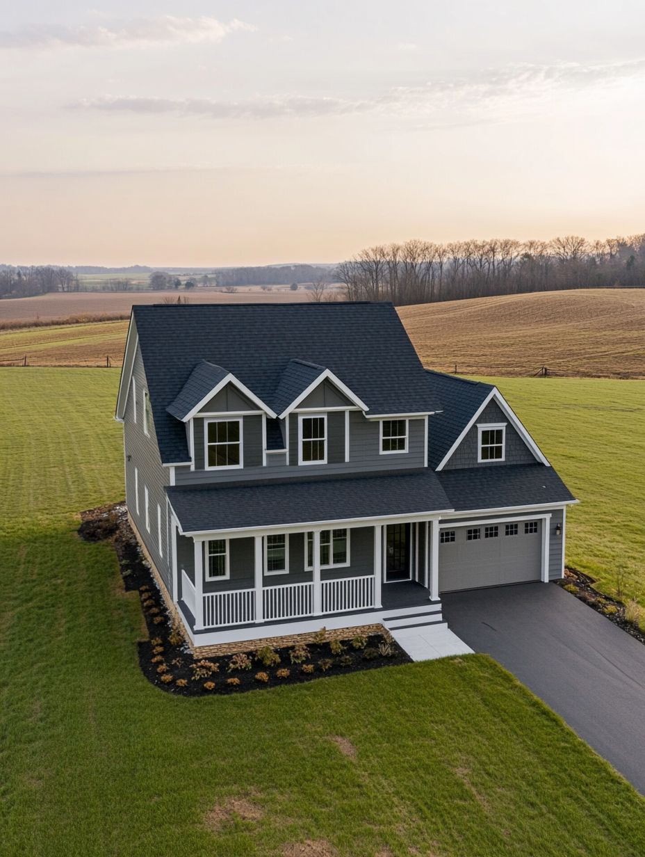 A two-story house with a front porch, attached garage, and landscaped yard, situated in a large open field with distant trees under a cloudy sky.