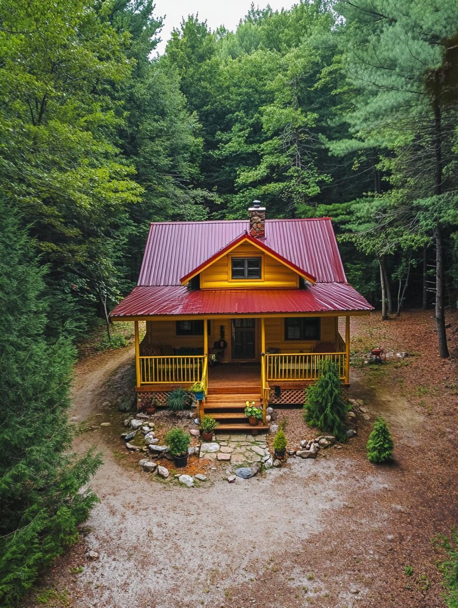 A yellow cabin with a red roof sits in a forest clearing, surrounded by trees and a gravel path leading to the front porch.
