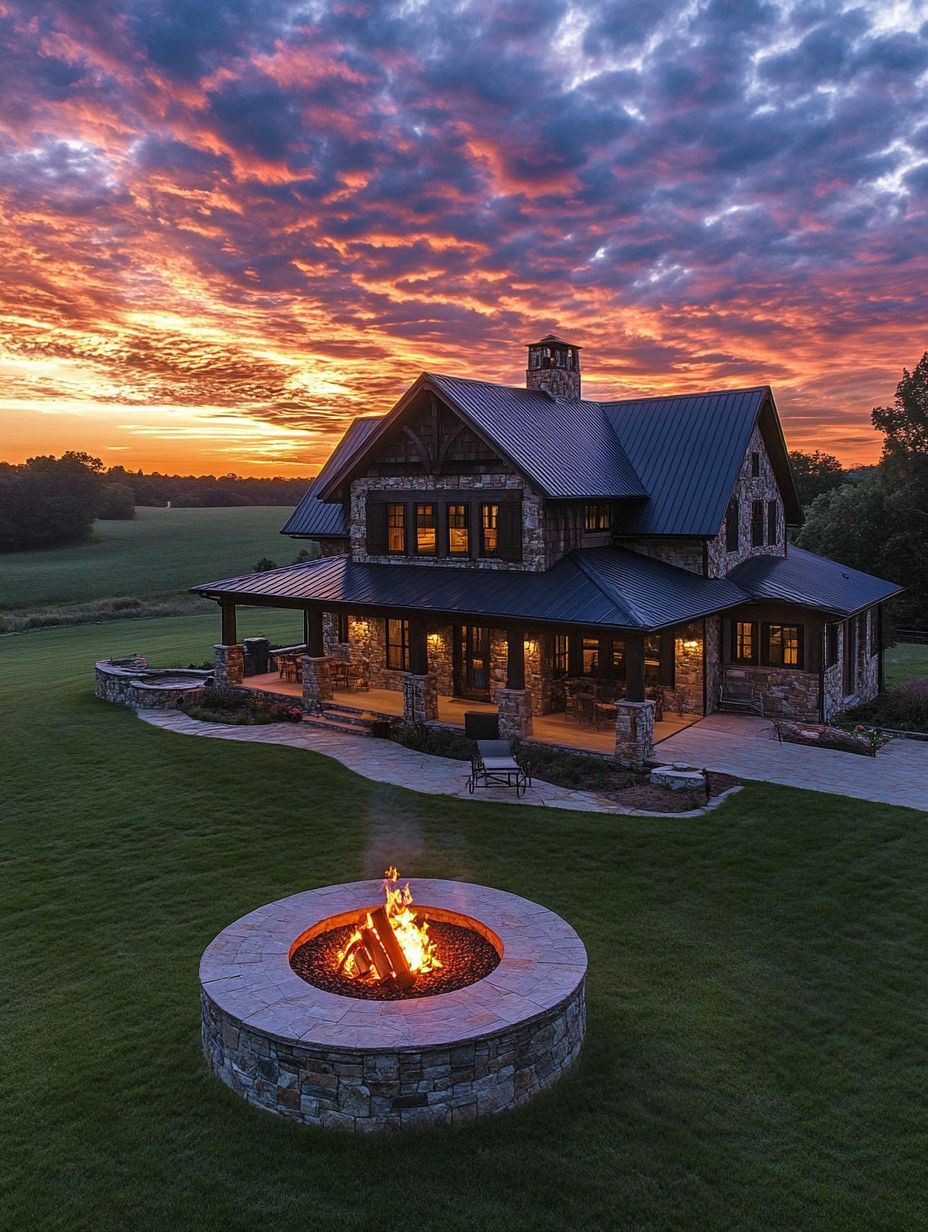 A stone house with a large porch sits by a green lawn and a lit fire pit at sunset, with dramatic clouds and an orange sky in the background.