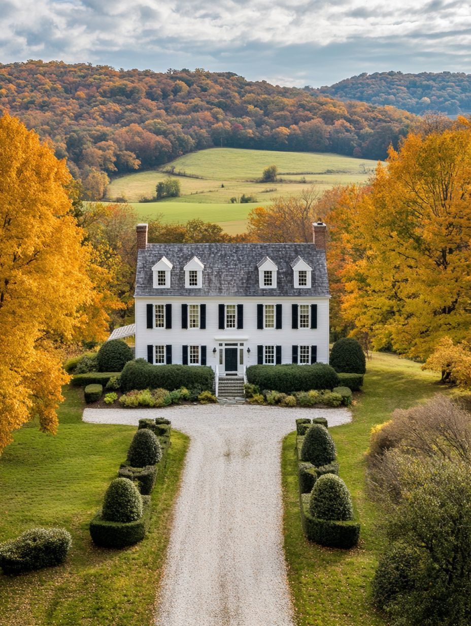 A white, three-story house with dormer windows sits at the end of a gravel driveway, surrounded by autumn trees and manicured bushes, with rolling hills in the background.
