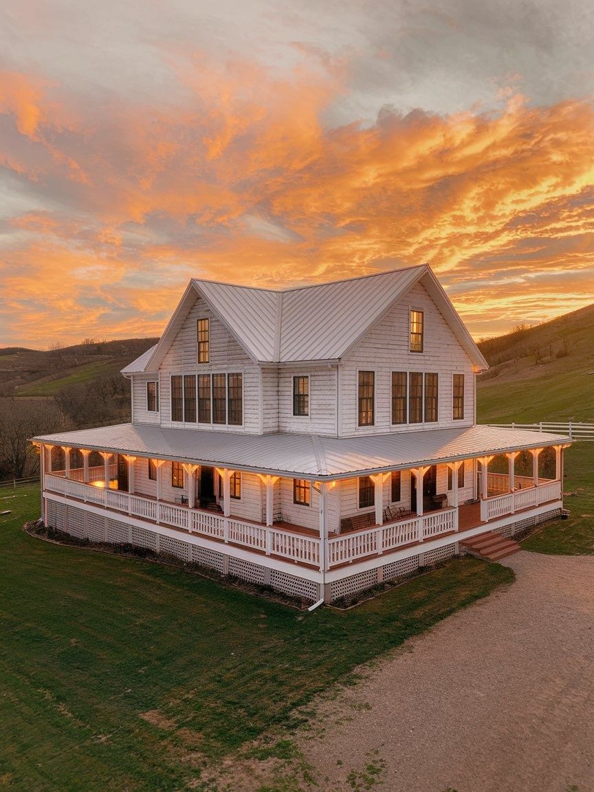 A large white farmhouse with a wraparound porch is lit up at sunset, surrounded by green hills and a gravel driveway.
