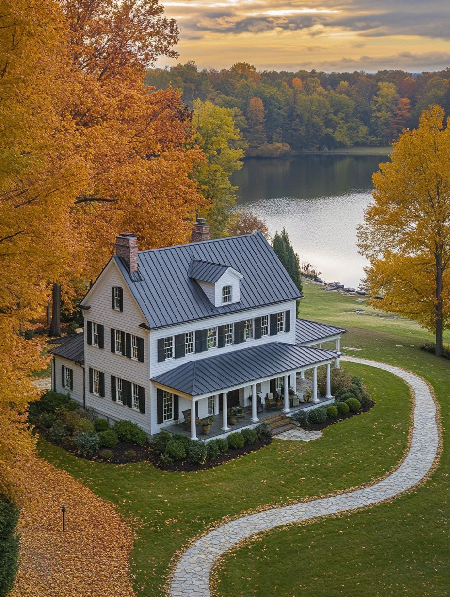 A white two-story house with a black metal roof sits by a lake, surrounded by autumn trees and a curved stone walkway, under a cloudy sky.