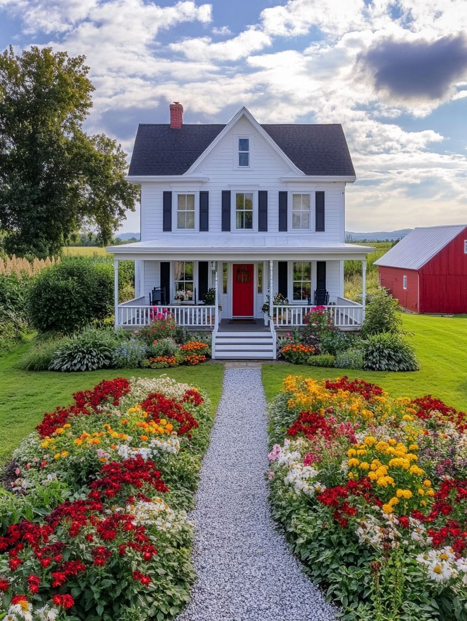 A white two-story house with black shutters, a red door, and a wraparound porch, surrounded by colorful flower beds and a gravel pathway, set in a rural landscape with a red barn.