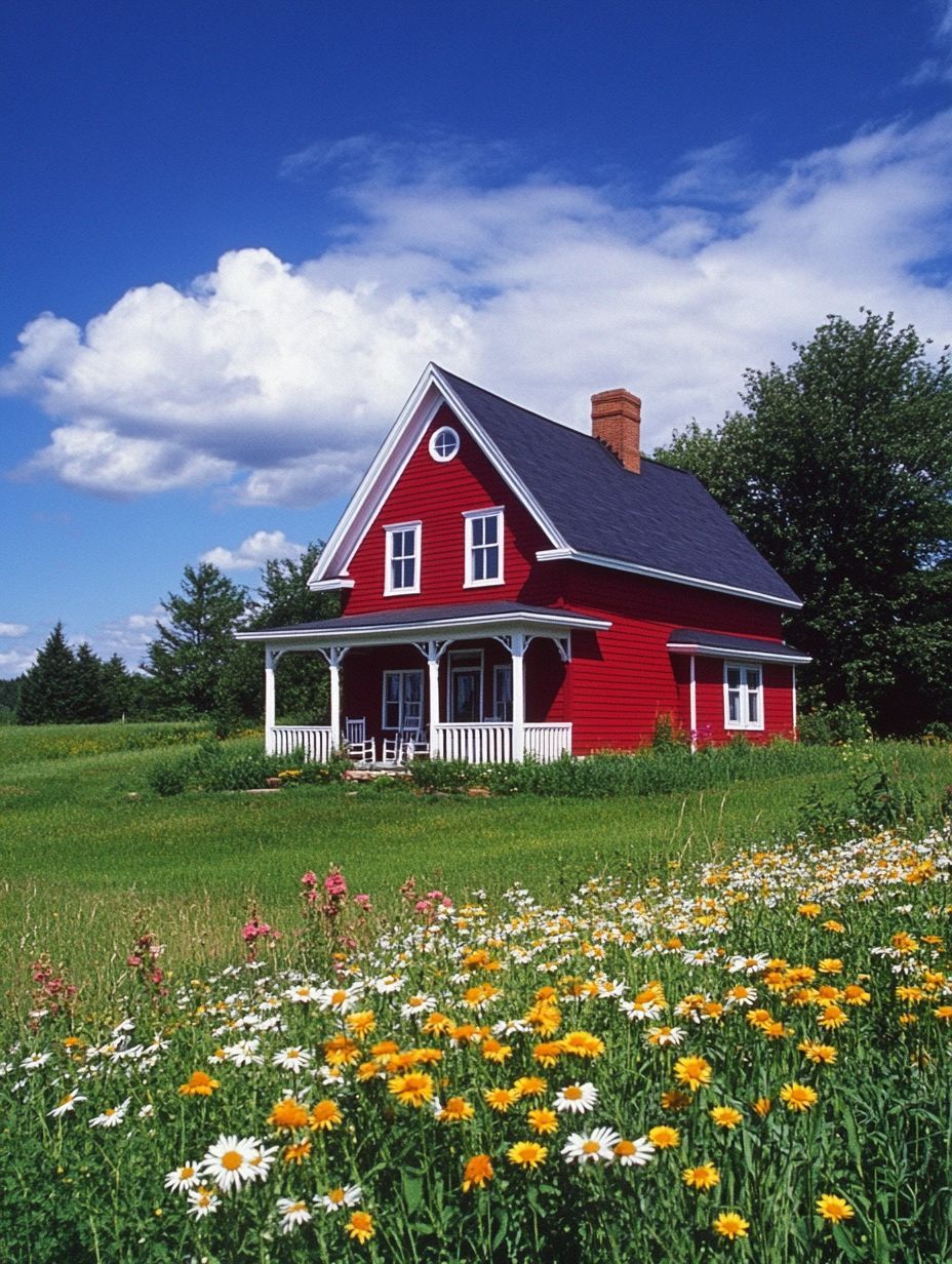 A red house with white trim and a front porch sits in a grassy field with wildflowers, under a blue sky with scattered clouds.