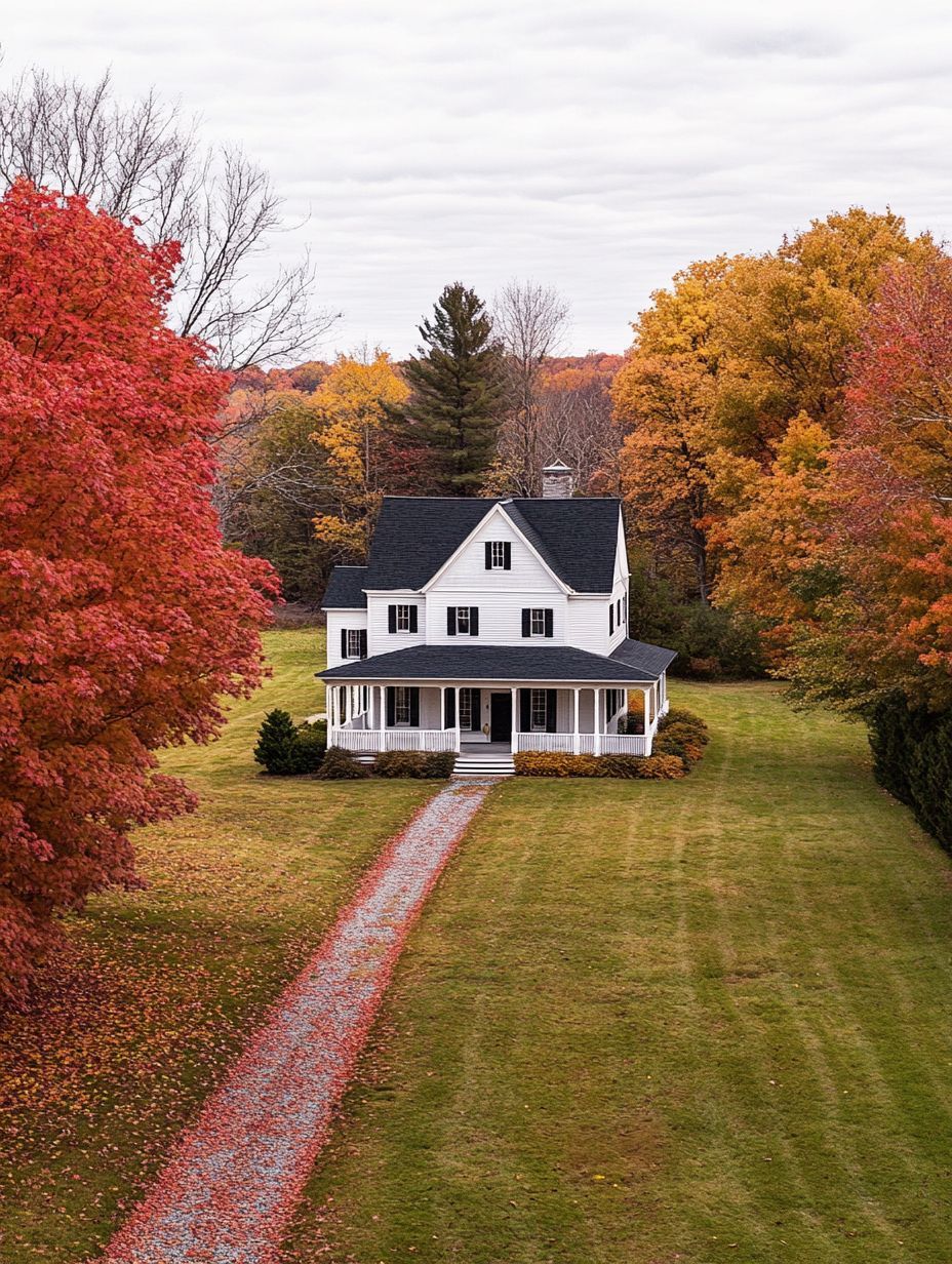 A white two-story house with a wraparound porch sits at the end of a gravel driveway, surrounded by autumn trees with red and orange leaves.