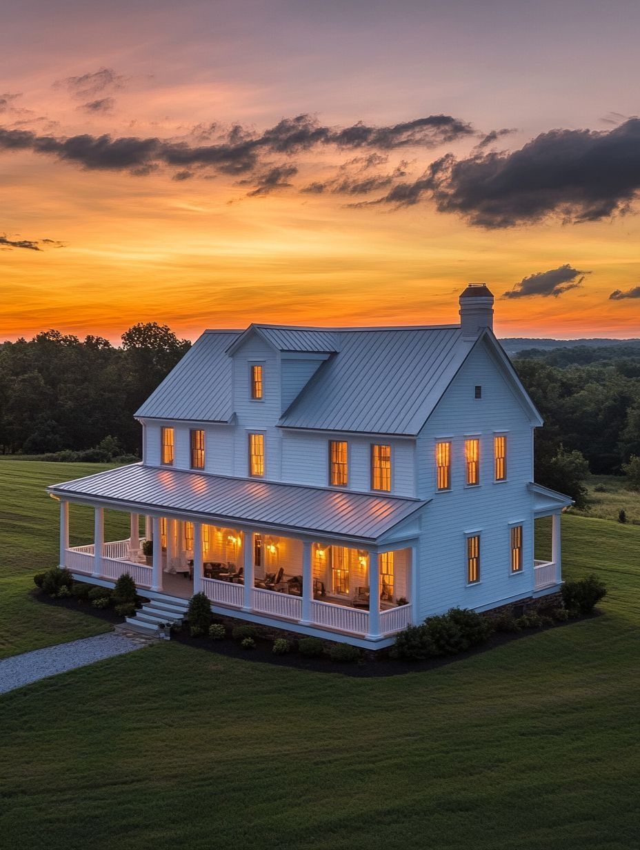A two-story white farmhouse with a metal roof and wraparound porch sits on a grassy lawn at sunset, with warm lights glowing from the windows.