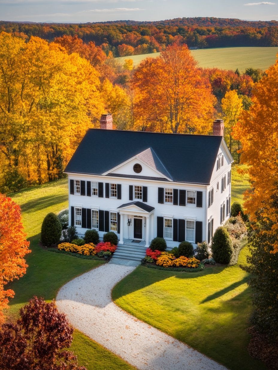 Two-story white colonial house with black shutters, surrounded by autumn trees and colorful landscaping, with a curved gravel driveway leading to the front entrance.