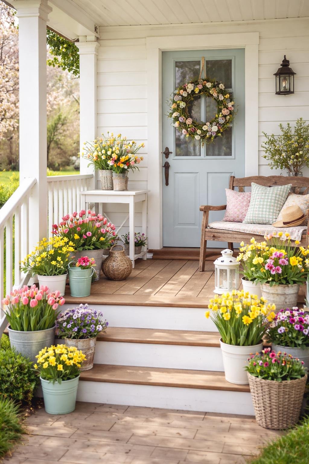A cozy front porch with a blue door, floral wreath, bench with cushions, and steps lined with colorful potted flowers and greenery.