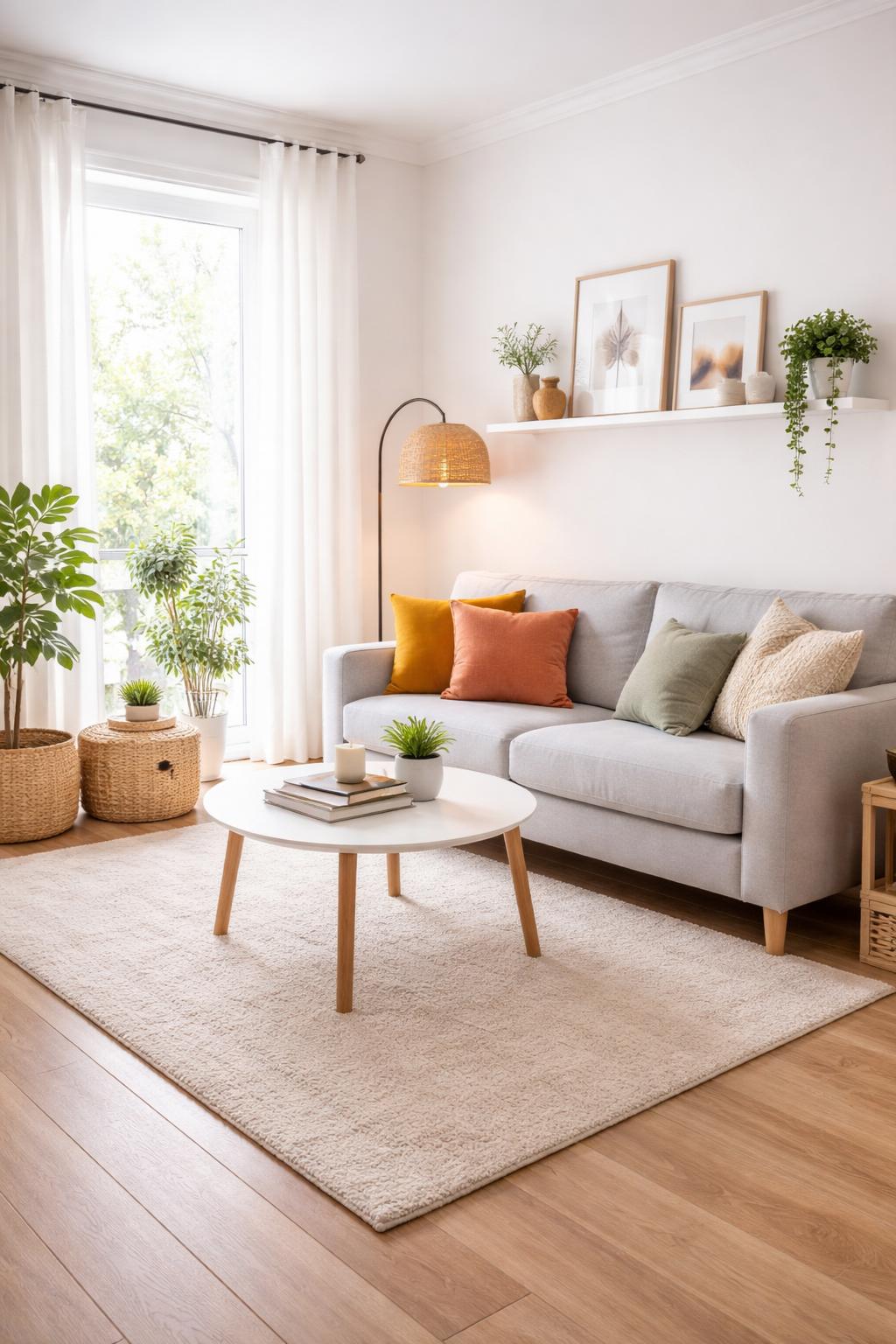 Bright living room with a gray sofa, colorful cushions, round white coffee table, potted plants, framed art, and natural light from a window with sheer white curtains.
