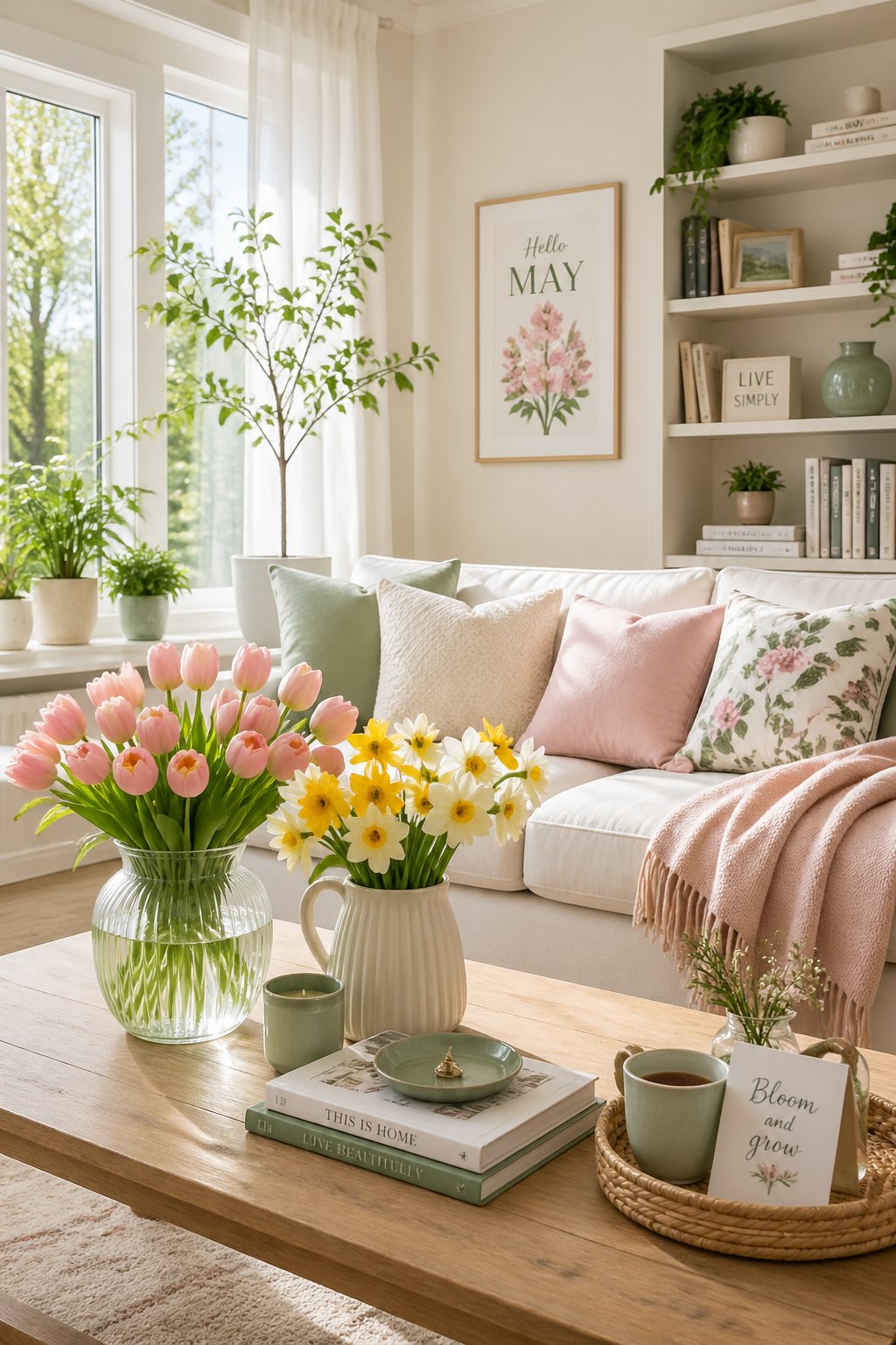 Bright living room with a white sofa, pastel cushions, fresh tulips and daisies on a wooden coffee table, potted plants, and a “Hello, May” floral print on the wall.