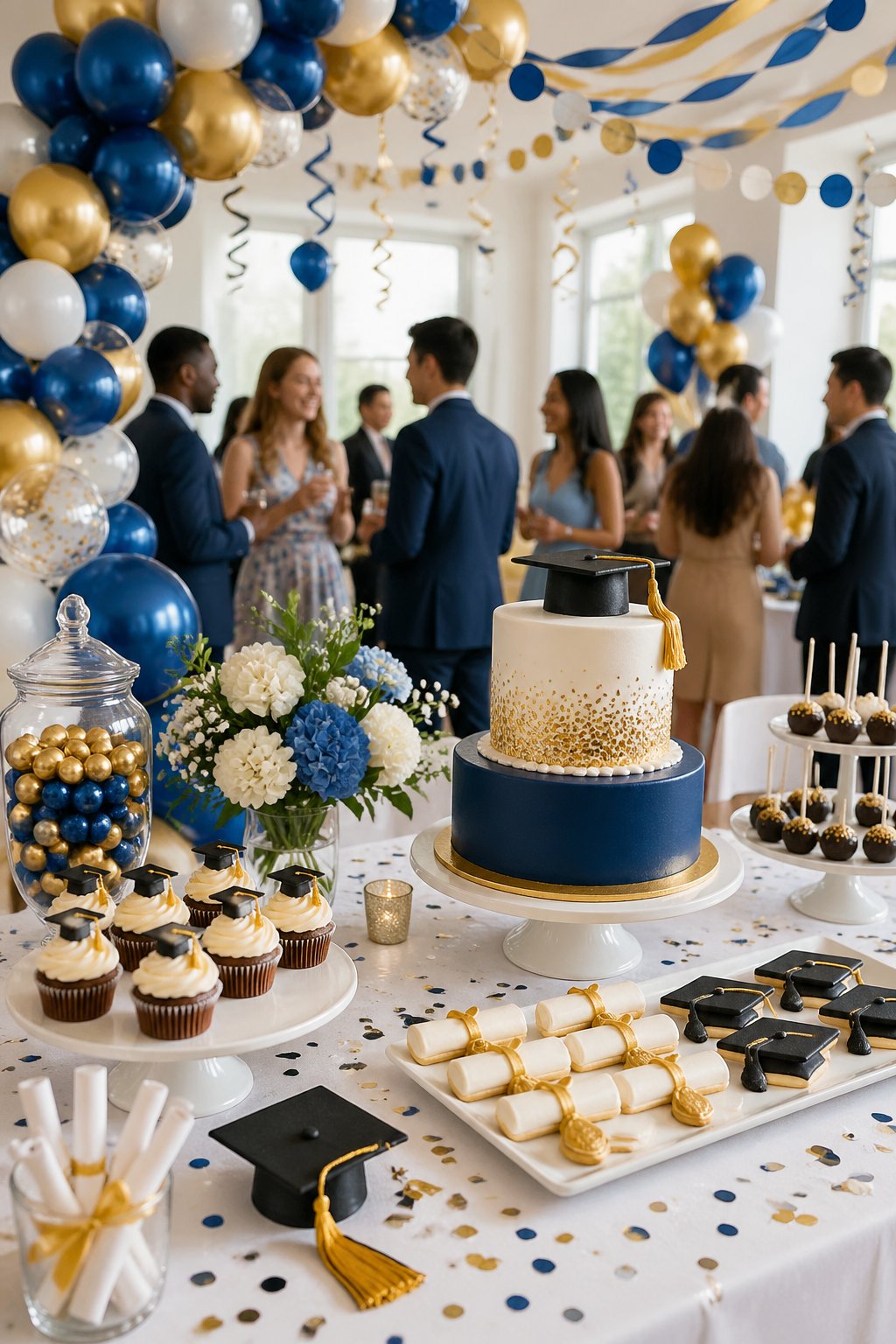 A decorated dessert table at a graduation party features a cake with a graduation cap topper, cupcakes, and cake pops, with guests socializing in the background.