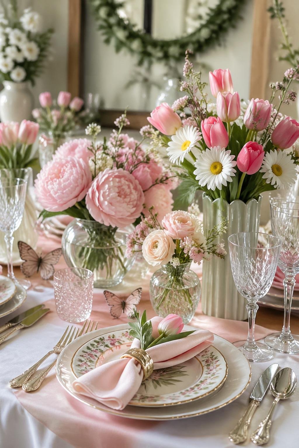 Elegant table setting with floral-patterned plates, crystal glasses, pink napkins, and vases filled with pink tulips, daisies, and peonies on a white and pink tablecloth.