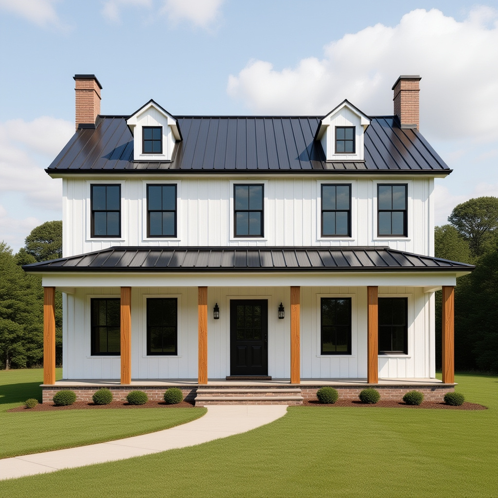 2. A Black-And-White Farmhouse Barndominium With Warm Wood Accents