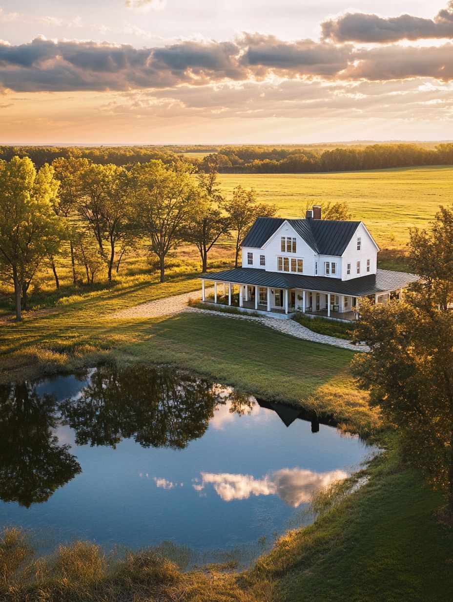 A white two-story farmhouse with a wraparound porch sits beside a reflective pond, surrounded by grass and trees under a partly cloudy sky at sunset.