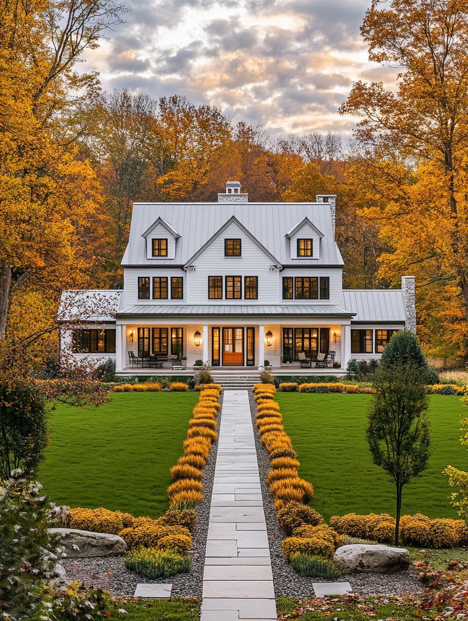 A white two-story house with a gray roof is centered between autumn trees, featuring a manicured lawn, a stone walkway, and symmetrical landscaping.