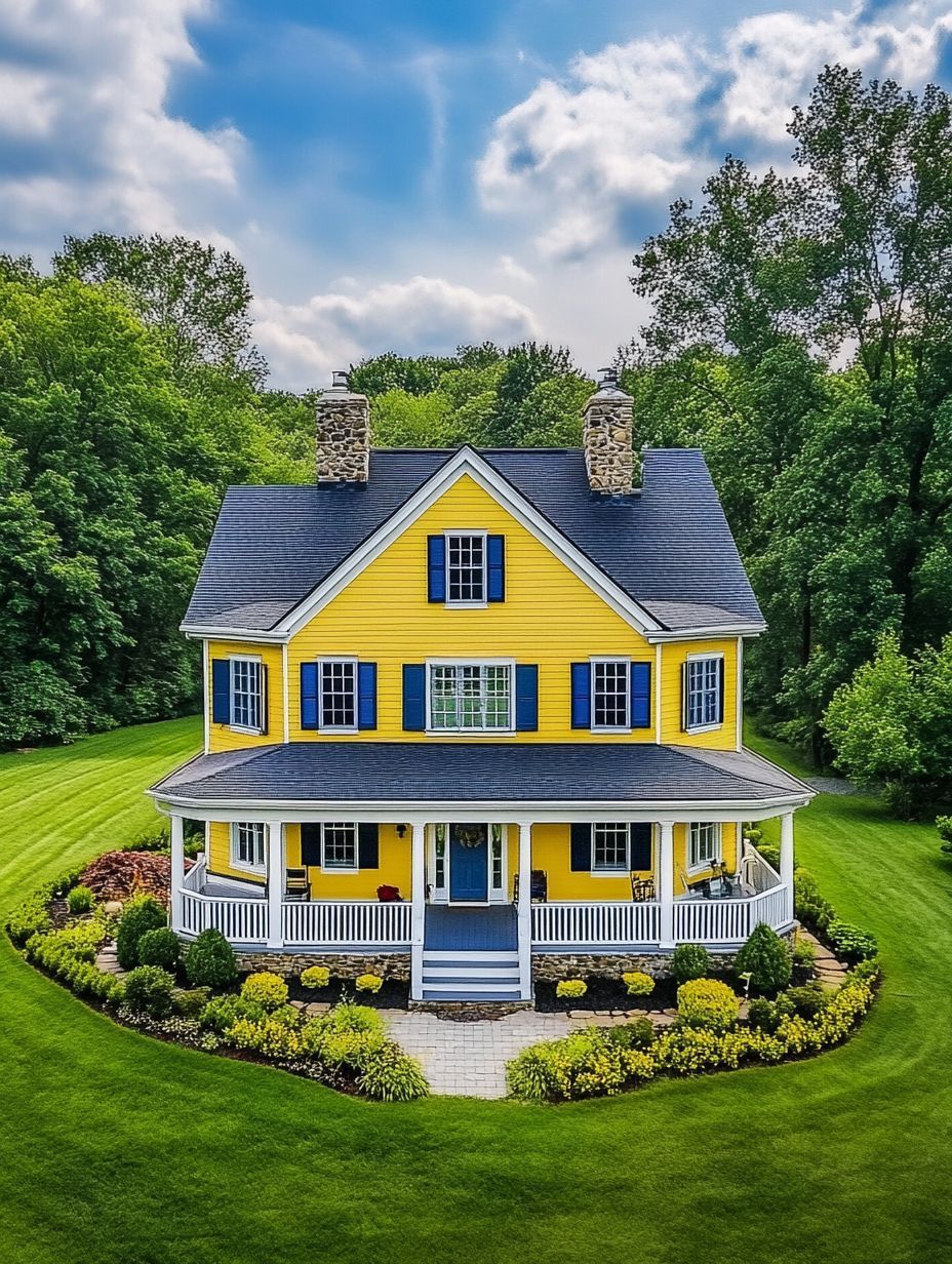 A two-story yellow house with blue shutters and a wraparound porch, surrounded by neatly trimmed grass, landscaping, and trees in the background under a partly cloudy sky.