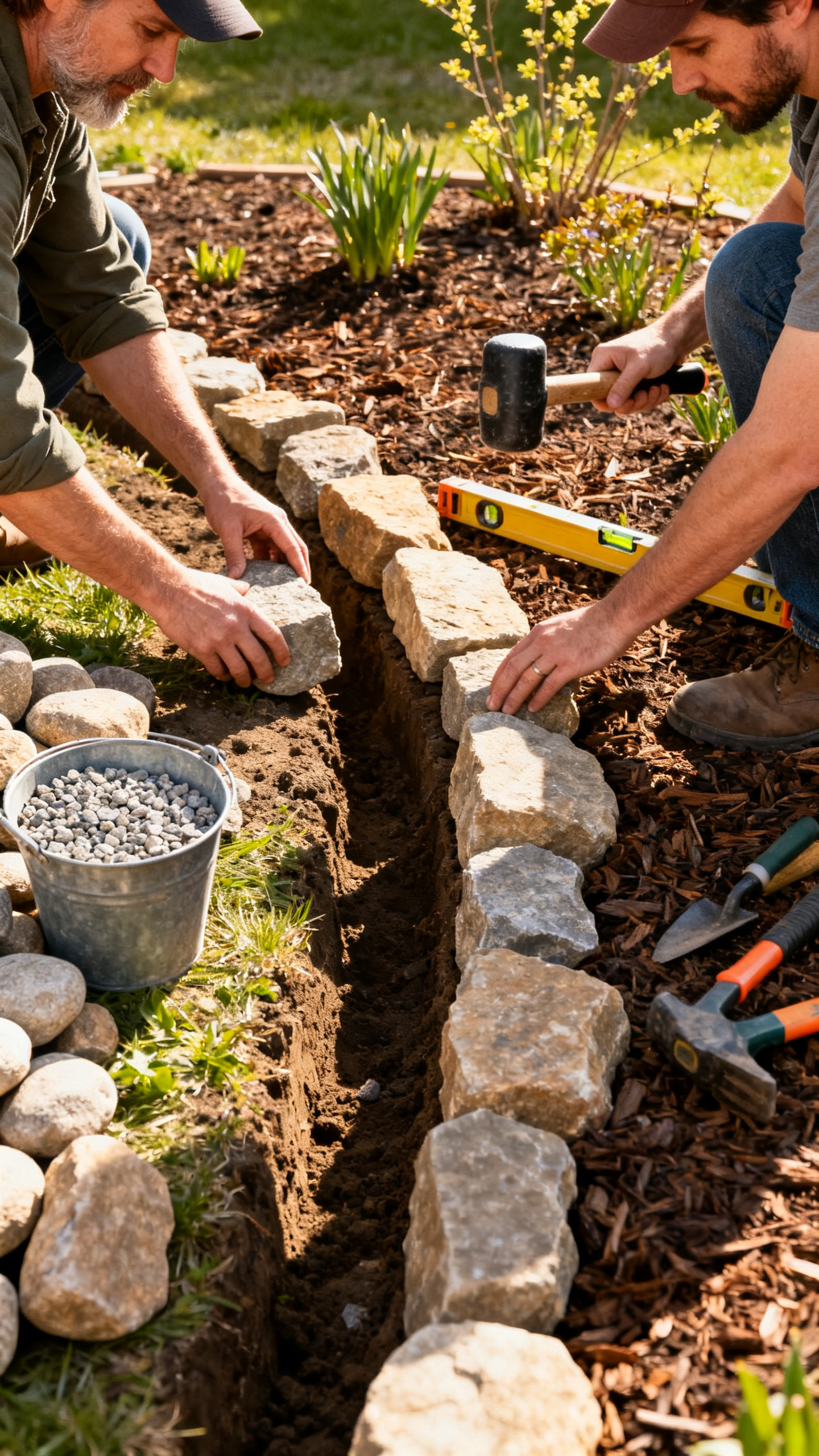 Two adults installing stone edging along a garden bed